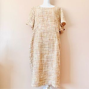 DM Fashion Beige, Pink & Gold Tweed Sequins Flutter Sleeve Dress.